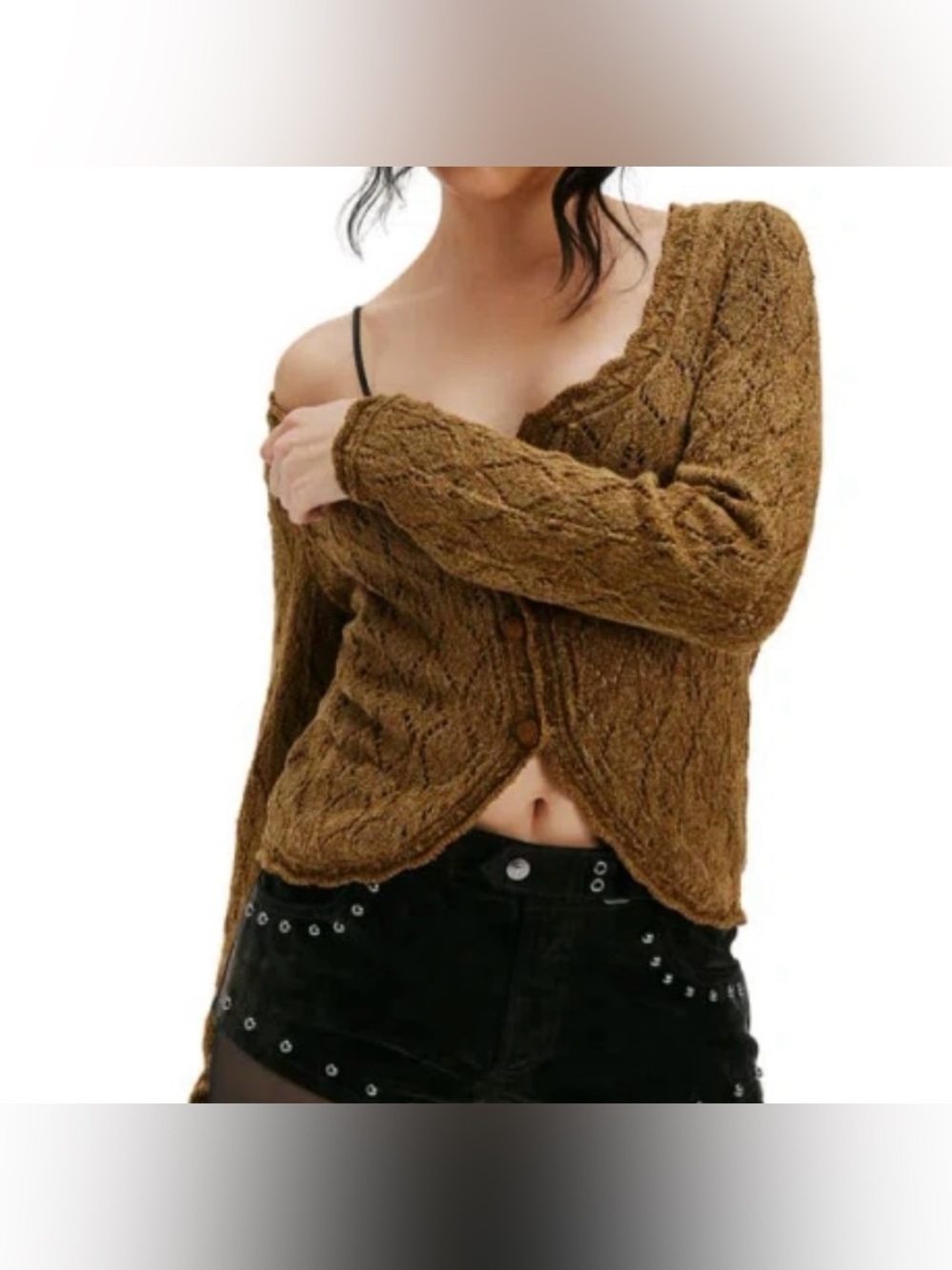 Free People Olive Green Textured Open Knit Button Up Cardigan - Size S